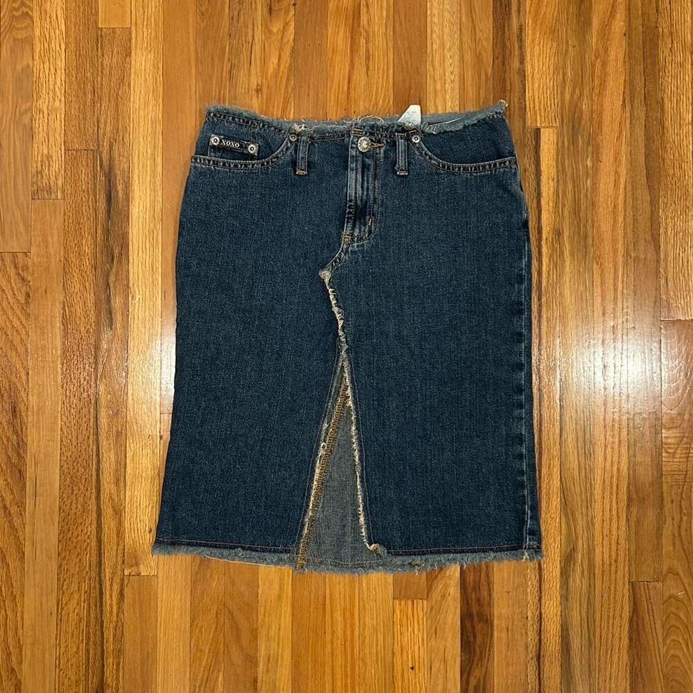Y2K 00s XOXO Women's Denim Distressed Low Rise Front Slit Skirt Size 0